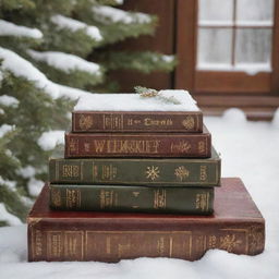 Serene winter landscape covered in pristine snow. Vintage books in earthy browns, deep greens, and warm burgundies rest in the foreground, contrasting with the snow. Snowflakes flutter, landing on the books, sparkling in the soft light. Create an atmosphere of peace and winter magic.