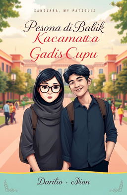 A captivating book cover design for a novel titled 'Pesona di Balik Kacamata Gadis Cupu' by daprilio