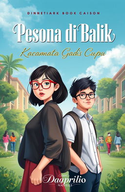 A captivating book cover design for a novel titled 'Pesona di Balik Kacamata Gadis Cupu' by daprilio