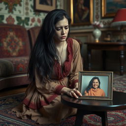 A very sad woman from Uzbekistan, sitting on a traditional woven rug in a beautifully styled room