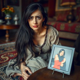 A very sad woman from Uzbekistan, sitting on a traditional woven rug in a beautifully styled room