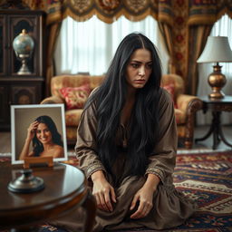 A very sad woman from Uzbekistan, sitting on a traditional woven rug in a beautifully styled room