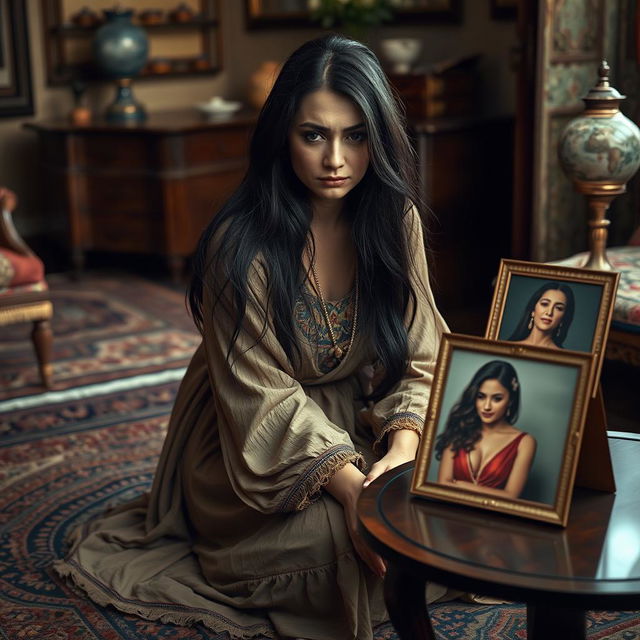 A very sad woman from Uzbekistan, sitting on a traditional woven rug in a beautifully styled room