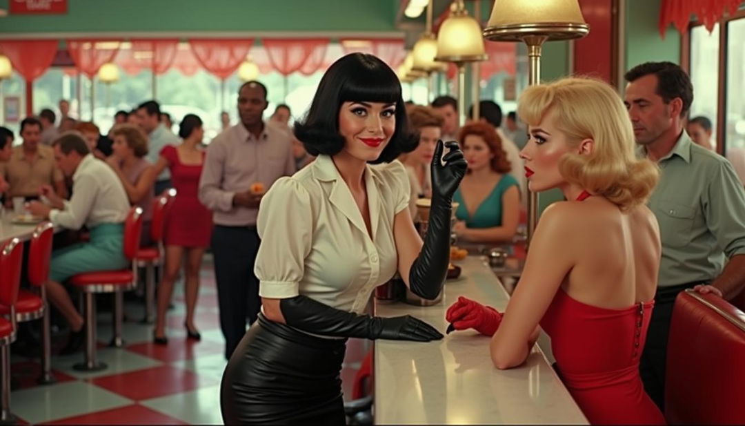 A lively 1950s pin-up scene set in a retro crowded diner, featuring Bettie Page working as a playful waitress