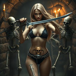 A sexy slim young woman, 20 years old, with thick, flowing blonde hair, captures the viewer's attention as she stands in a dark, atmospheric dungeon