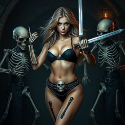 A sexy slim young woman, 20 years old, with thick, flowing blonde hair, captures the viewer's attention as she stands in a dark, atmospheric dungeon