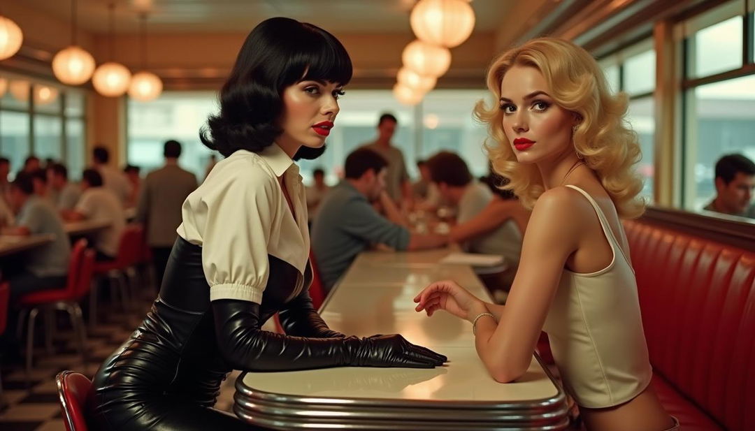 An engaging scene set in a retro crowded 1950s diner featuring Bettie Page in her role as a waitress