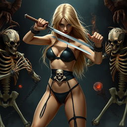 A sexy slim 20-year-old girl with thick blonde hair, wearing a black skinny thong and a skull belt