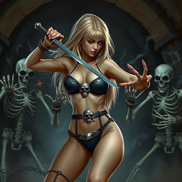 A sexy slim 20-year-old girl with thick blonde hair, wearing a black skinny thong and a skull belt