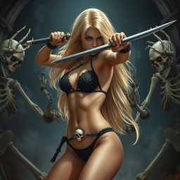 A sexy slim 20-year-old girl with thick blonde hair, wearing a black skinny thong and a skull belt