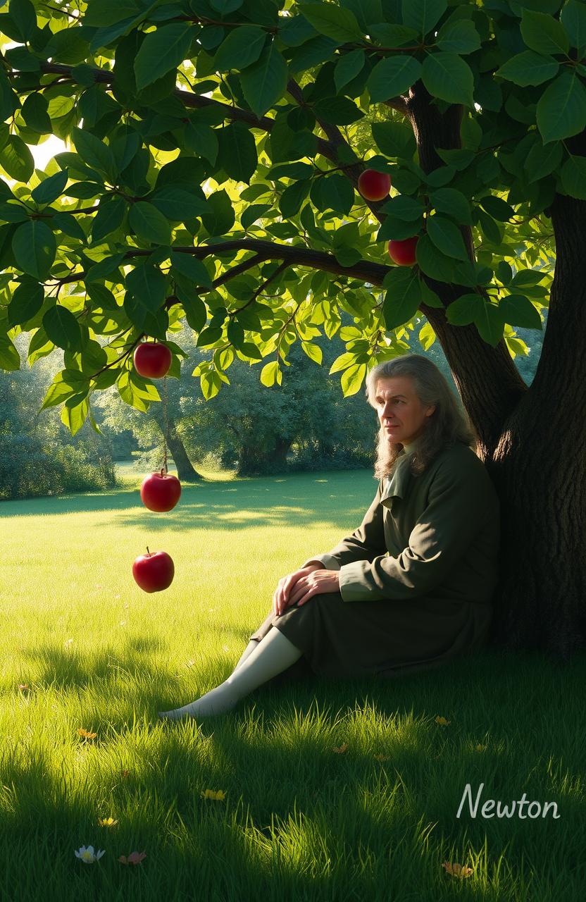 Isaac Newton sitting under an apple tree, deep in thought, as a single apple falls from the tree towards him