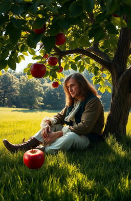 Isaac Newton sitting under an apple tree, deep in thought, as a single apple falls from the tree towards him