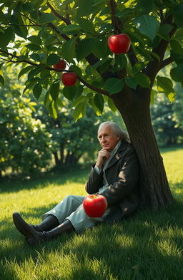 Isaac Newton sitting under an apple tree, deep in thought, as a single apple falls from the tree towards him