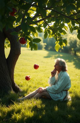 Isaac Newton sitting under an apple tree, deep in thought, as a single apple falls from the tree towards him