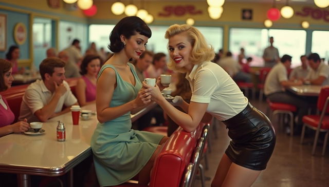 A lively 1950s pin-up scene in a retro crowded diner featuring Bettie Page as a waitress