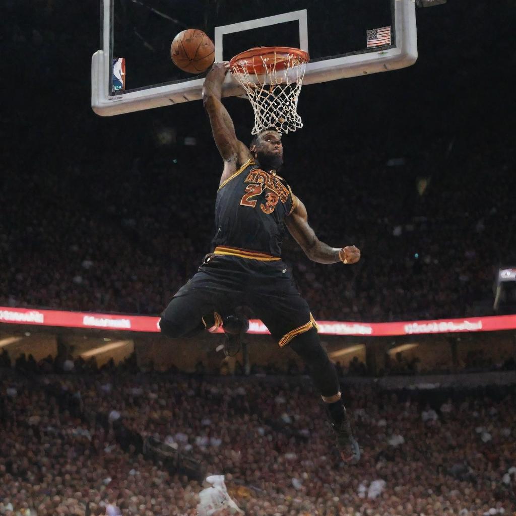 A dynamic action shot of Lebron James, mid-dunk, with sweat flying and a look of determination on his face, against the backdrop of a packed basketball stadium.