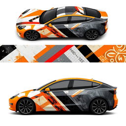 A 2D artistic wrap design for a Tesla Model 3 Performance featuring various realistic masking tape colors, including white, cream, black, blue, grey, and vibrant shades to create an attractive contrast