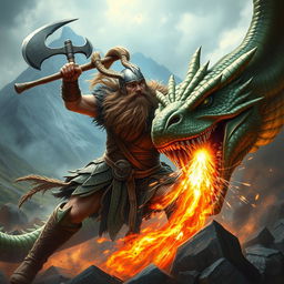 A valiant Viking warrior wielding a battle axe, engaged in an epic battle with a ferocious dragon