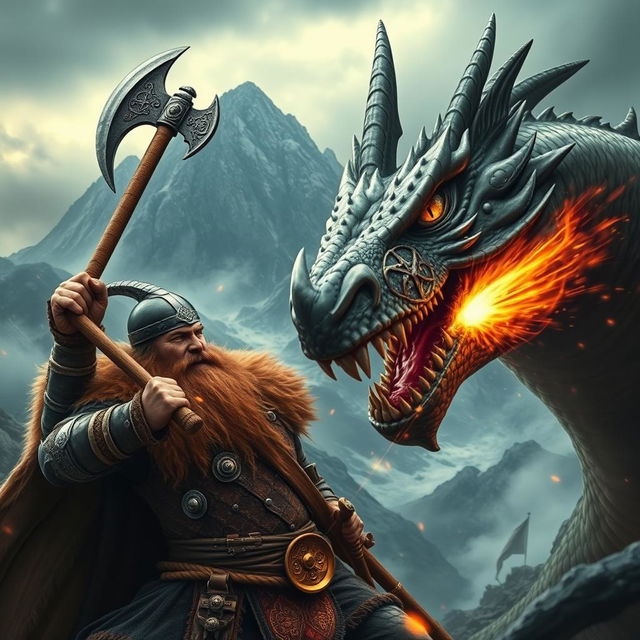 A valiant Viking warrior wielding a battle axe, engaged in an epic battle with a ferocious dragon