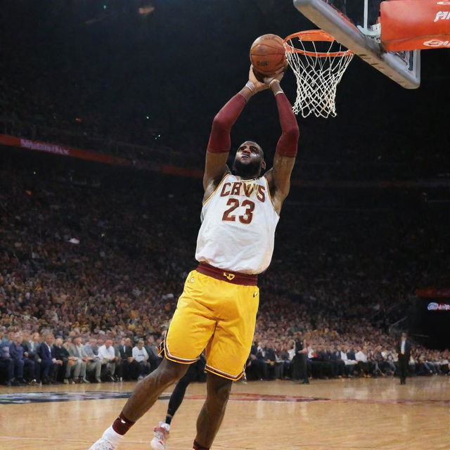 A dynamic action shot of Lebron James, mid-dunk, with sweat flying and a look of determination on his face, against the backdrop of a packed basketball stadium.