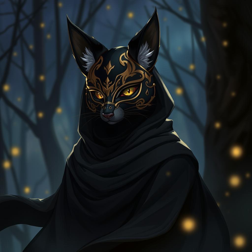 A beautifully designed tabaxi character wearing a striking black and gold kitsune mask, exuding an air of mystery and elegance