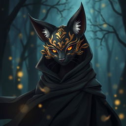 A beautifully designed tabaxi character wearing a striking black and gold kitsune mask, exuding an air of mystery and elegance