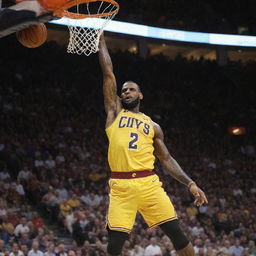 A dynamic action shot of Lebron James, mid-dunk, with sweat flying and a look of determination on his face, against the backdrop of a packed basketball stadium.