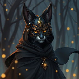 A beautifully designed tabaxi character wearing a striking black and gold kitsune mask, exuding an air of mystery and elegance