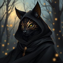 A beautifully designed tabaxi character wearing a striking black and gold kitsune mask, exuding an air of mystery and elegance