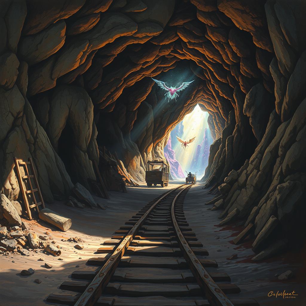 A stunning painted landscape scene depicting an underground mine where the walls are rugged and earthy, with mining tools and equipment scattered around