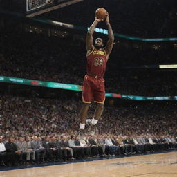 A dynamic action shot of Lebron James, mid-dunk, with sweat flying and a look of determination on his face, against the backdrop of a packed basketball stadium.