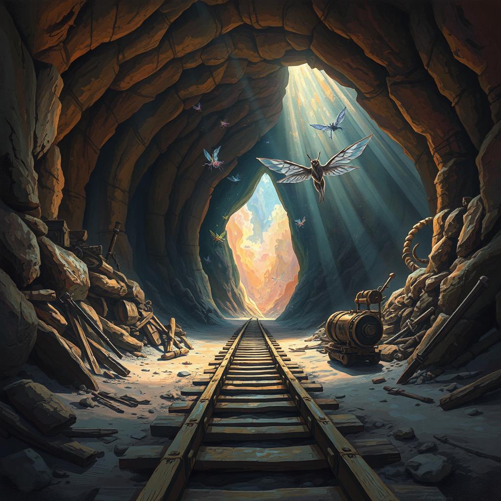 A stunning painted landscape scene depicting an underground mine where the walls are rugged and earthy, with mining tools and equipment scattered around