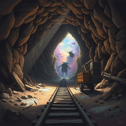 A stunning painted landscape scene depicting an underground mine where the walls are rugged and earthy, with mining tools and equipment scattered around