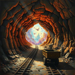 A stunning painted landscape scene depicting an underground mine where the walls are rugged and earthy, with mining tools and equipment scattered around