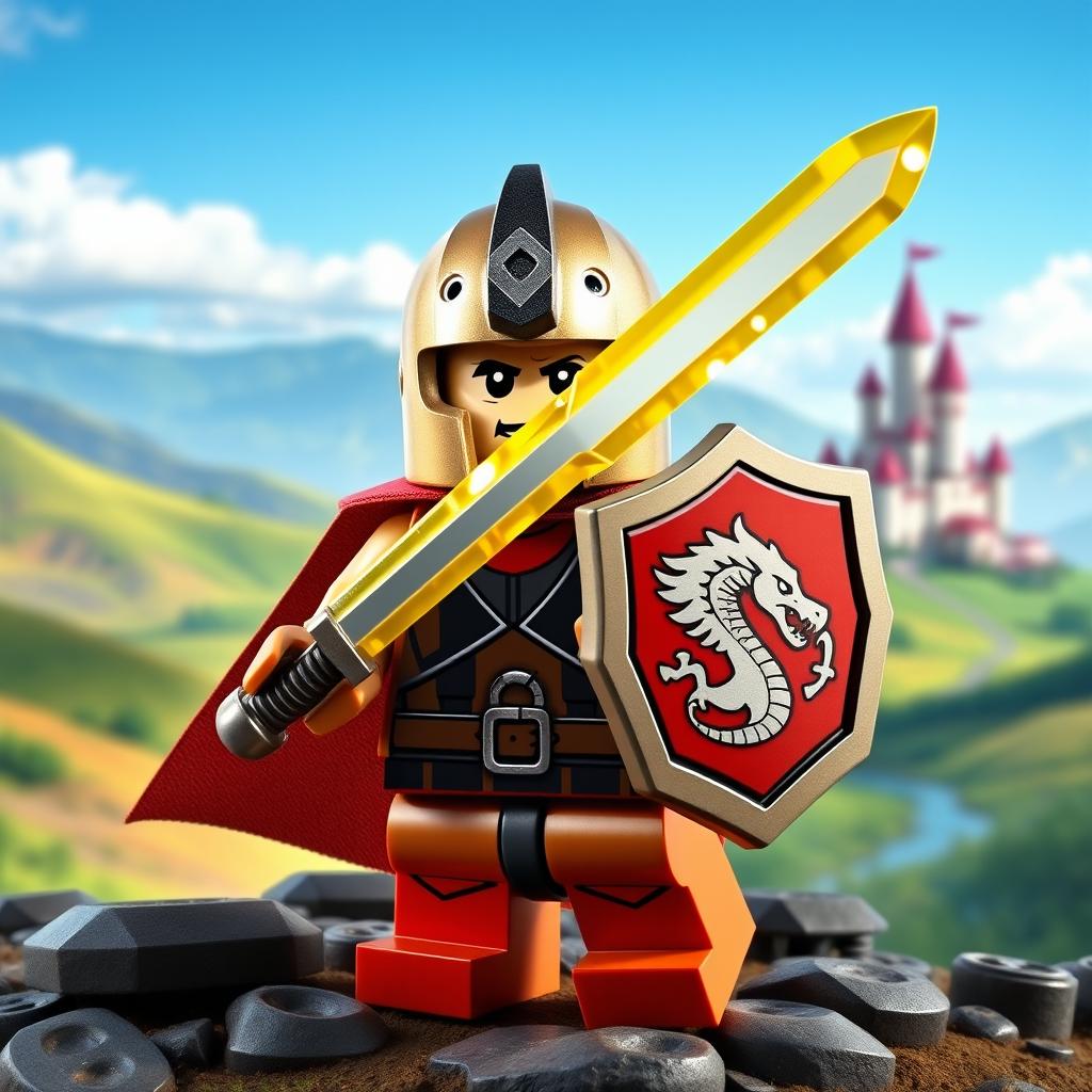 A vibrant and imaginative image showcasing a LEGO Dungeons & Dragons character, depicted as a courageous warrior made entirely of colorful LEGO bricks