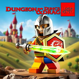 A vibrant and imaginative image showcasing a LEGO Dungeons & Dragons character, depicted as a courageous warrior made entirely of colorful LEGO bricks