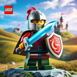 A vibrant and imaginative image showcasing a LEGO Dungeons & Dragons character, depicted as a courageous warrior made entirely of colorful LEGO bricks