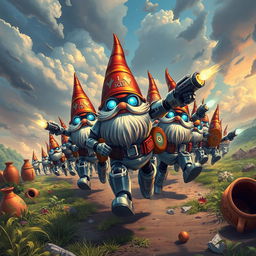 An epic illustration of an army of robot garden gnomes charging into battle