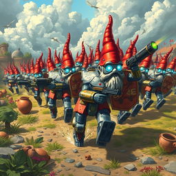 An epic illustration of an army of robot garden gnomes charging into battle