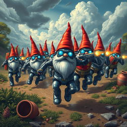 An epic illustration of an army of robot garden gnomes charging into battle