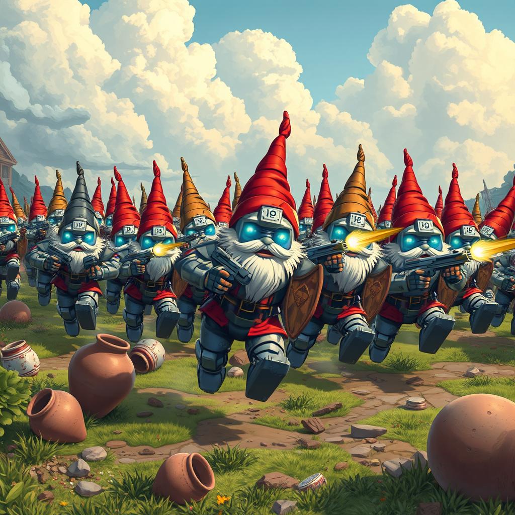 An epic illustration of an army of robot garden gnomes charging into battle