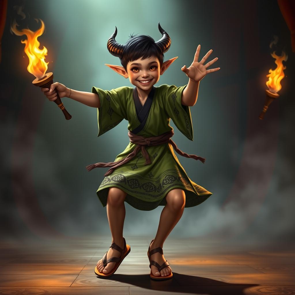A 13-year-old Tiefling girl dancing vigorously with two lit torches