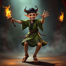 A 13-year-old Tiefling girl dancing vigorously with two lit torches