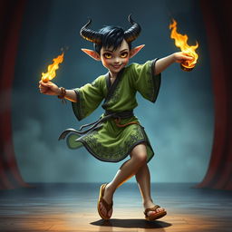A 13-year-old Tiefling girl dancing vigorously with two lit torches