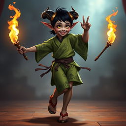 A 13-year-old Tiefling girl dancing vigorously with two lit torches