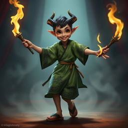 A 13-year-old Tiefling girl dancing vigorously with two lit torches