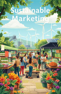 A visually captivating representation of sustainable marketing, featuring elements such as green products, eco-friendly packaging, and organic materials