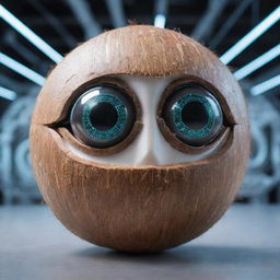 A coconut personified as an AI entity, with digital eyes and circuitry patterns overlaid on its shell. Set within a futuristic cyberspace environment.