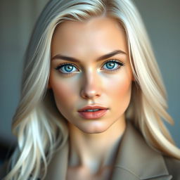 A portrait of a beautiful young actress in her early 20s, featuring stunning white hair that flows down her shoulders and striking blue eyes that captivate the viewer