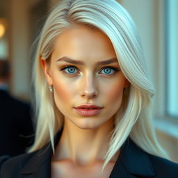 A portrait of a beautiful young actress in her early 20s, featuring stunning white hair that flows down her shoulders and striking blue eyes that captivate the viewer